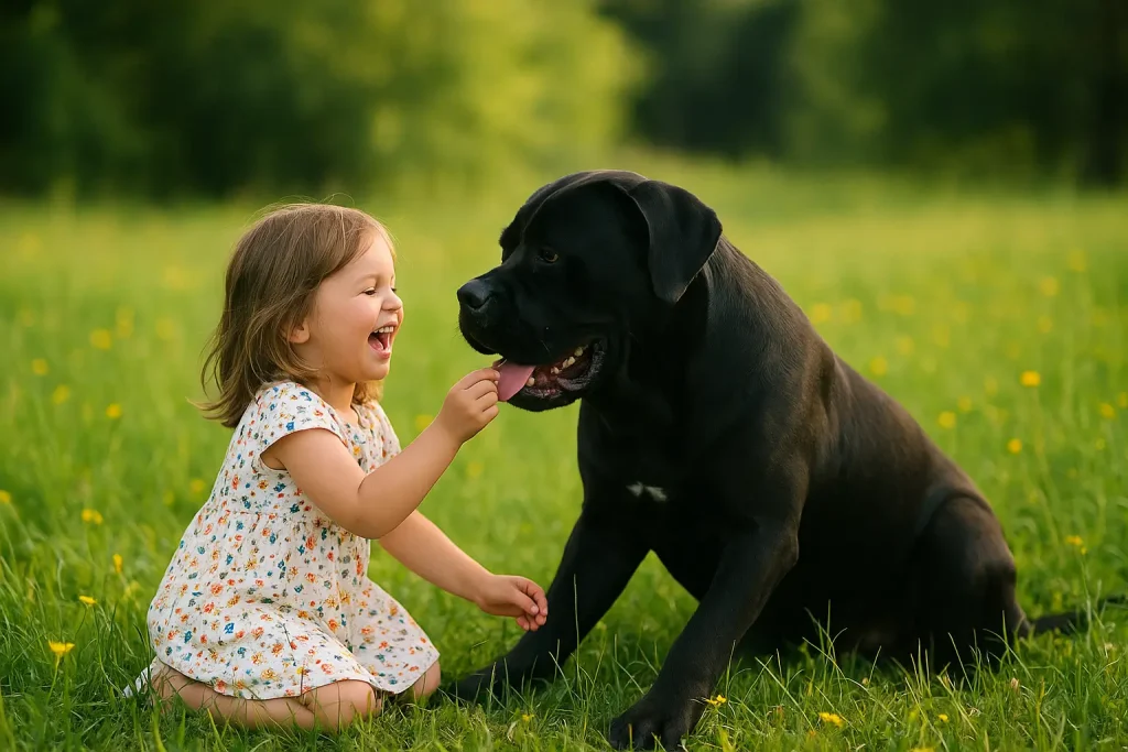 Cane Corso sa djevojcicom se igra na livadi